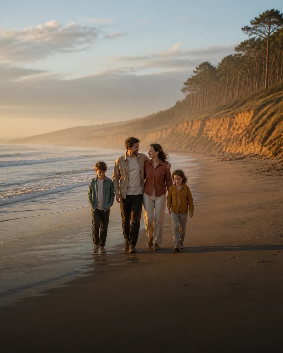 Familia caminando por la playa de Miramar al amanecer